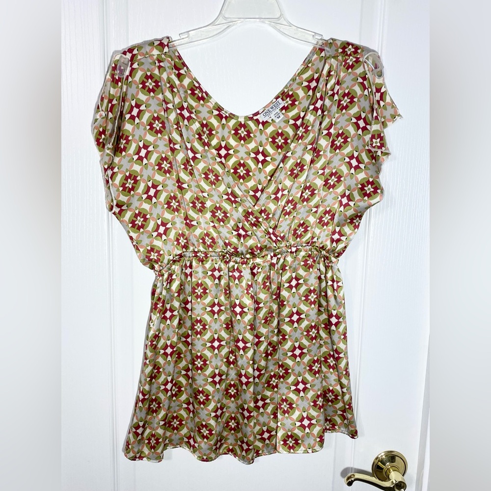 Y2K Vintage SILK Geometric Floral Print Surplice Empire Waist Blouse USA MADE M